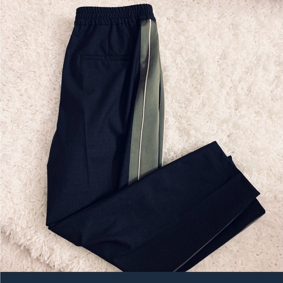 Brunello Cucinelli Wool charcoal black Slip On Pants frost green satin panel US8 - Picture 2 of 16